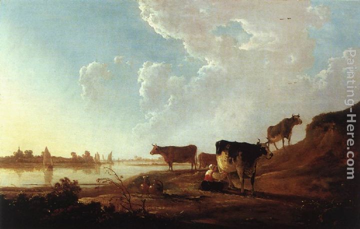 River Scene with Milking Woman painting - Aelbert Cuyp River Scene with Milking Woman art painting